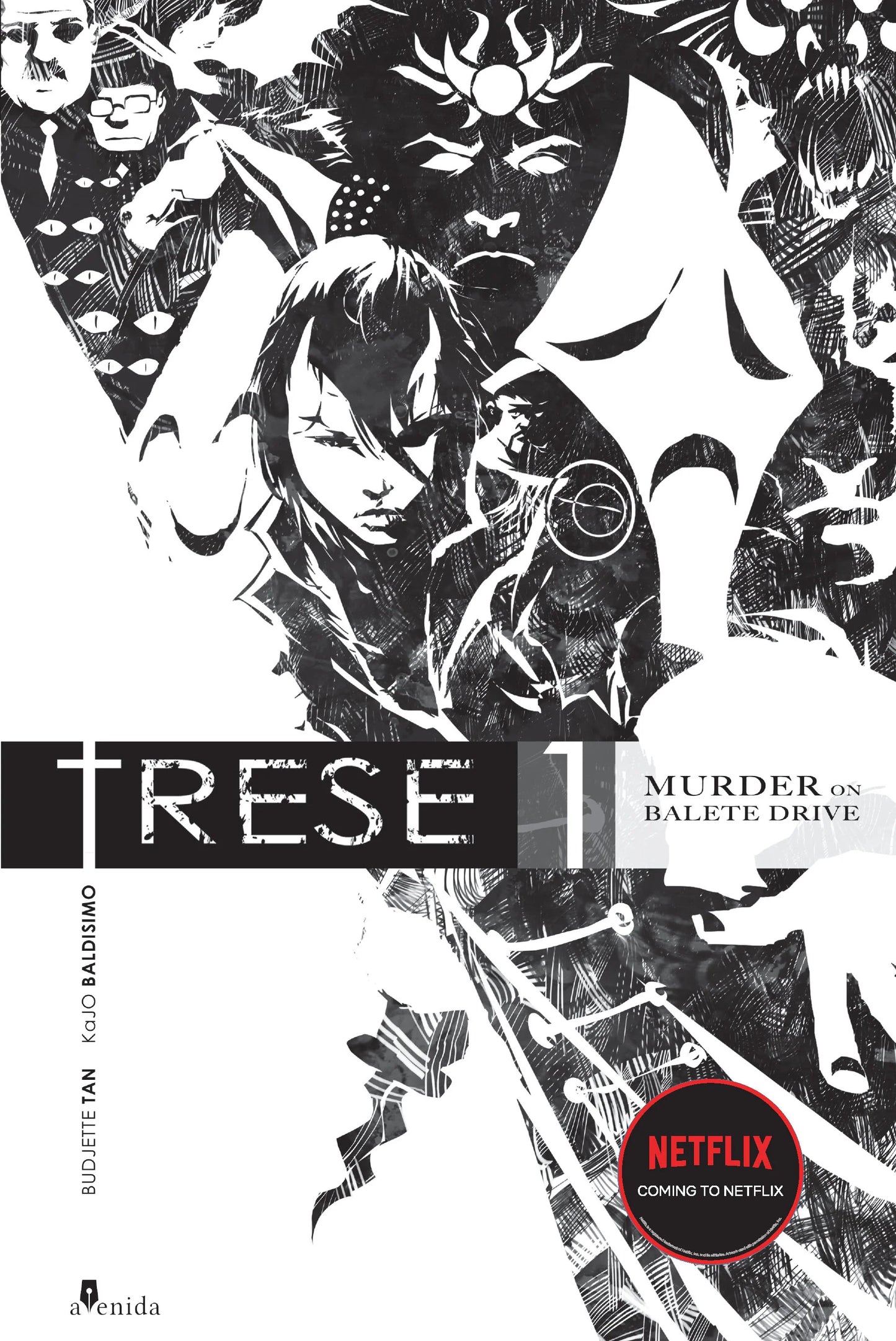 Cover of Trese Vol. 1: Murder on Balete Drive showing Alexandra Trese amid shadowy mythological figures, black-and-white noir linework