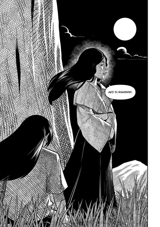 Interior page from Katipunera Warrior showing the spirit warrior Mahinhin introducing herself beneath a full moon in a moonlit grassland.