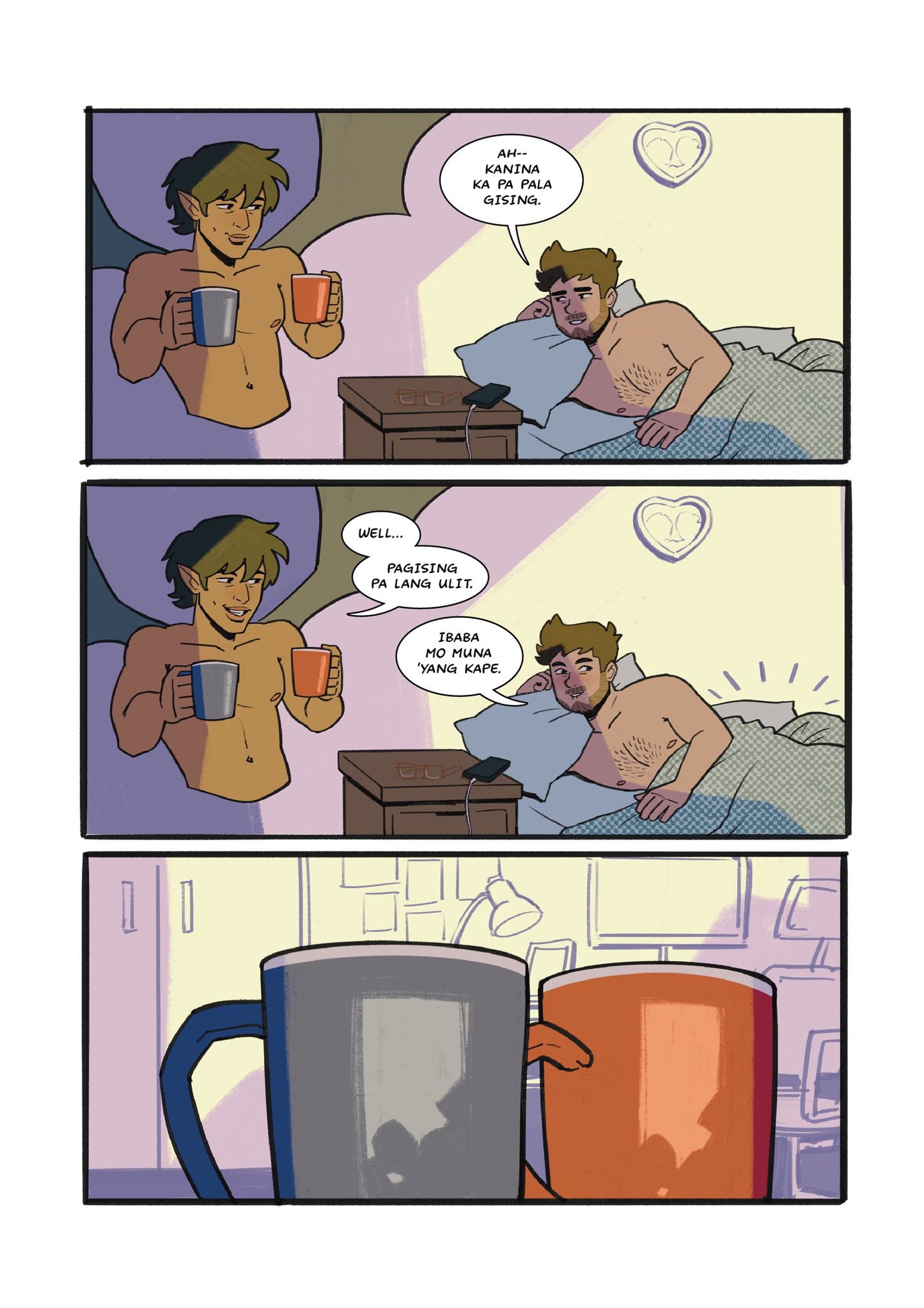 Interior page from Ang Jowa Kong Crosswise showing a couple bantering over coffee mugs in bed, ending with two anthropomorphic mugs embracing.