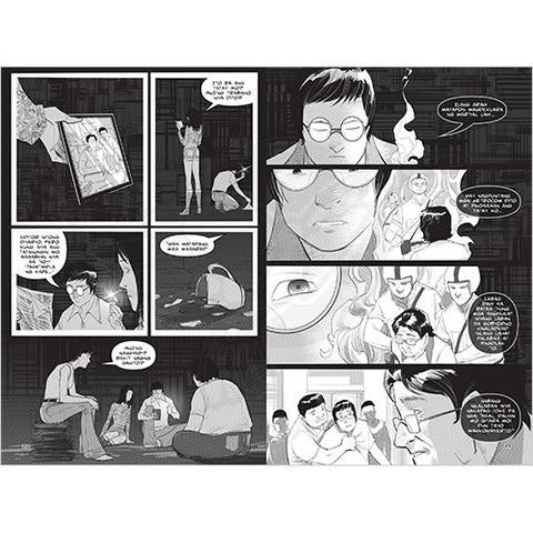 Interior page from 12:01 with black-and-white manga panels showing a young man examining a photograph, then smoking while recalling a memory, Filipino dialogue