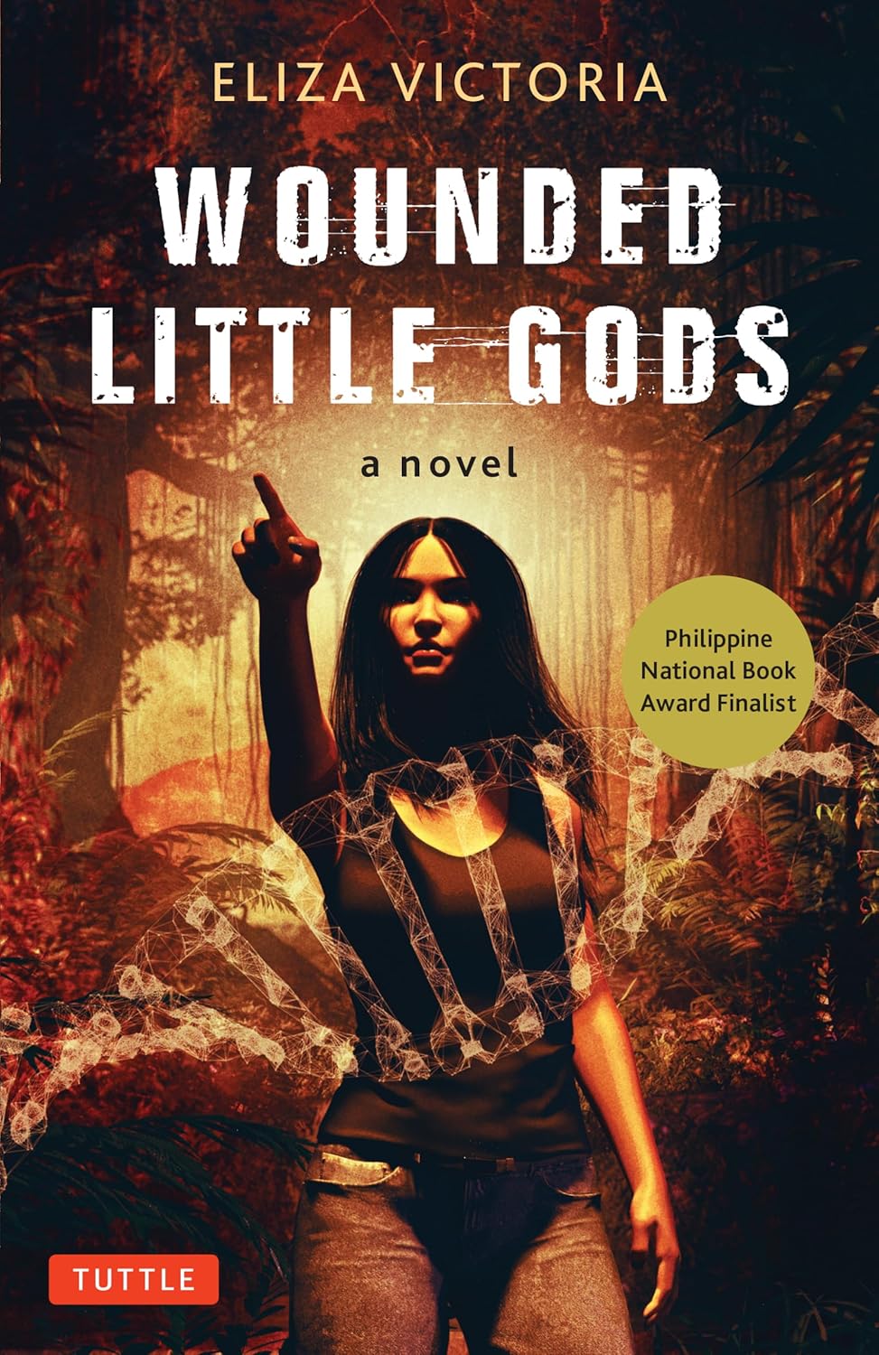Cover of Wounded Little Gods showing a woman with a glowing thread pattern on her chest pointing skyward in a misty forest, dark thriller illustration