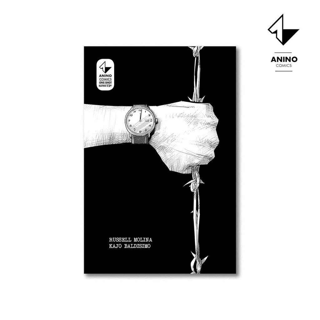 Cover of 12:01 by Russell Molina and Kajo Baldisimo with the Anino Comics one-shot logo, pencil illustration of a wristwatch reading 12:01 on an arm wrapped in barbed wire