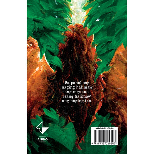 Back cover of Josefina, dark green jungle illustration with a hollow figure-shaped clearing and Filipino tagline about people becoming monsters and a monster becoming human