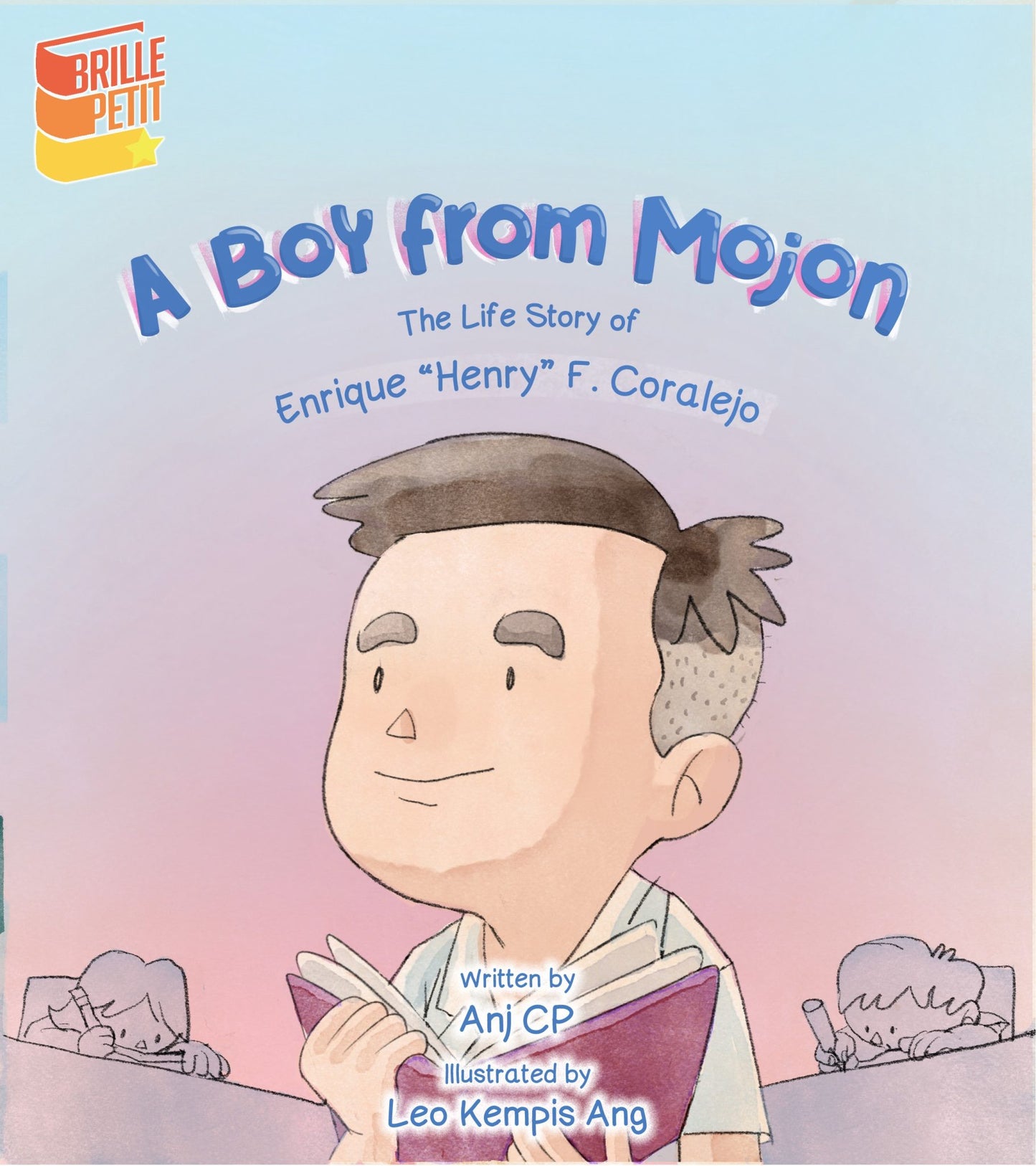 Cover of A Boy from Mojon showing a smiling boy reading a book, pastel illustration with two classmates studying in the background