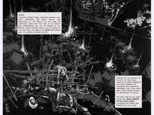 Interior spread from Alandal depicting the 1762 battle at Jolo, with corpses strewn on the beach and narration about Sultan Ali's forces.