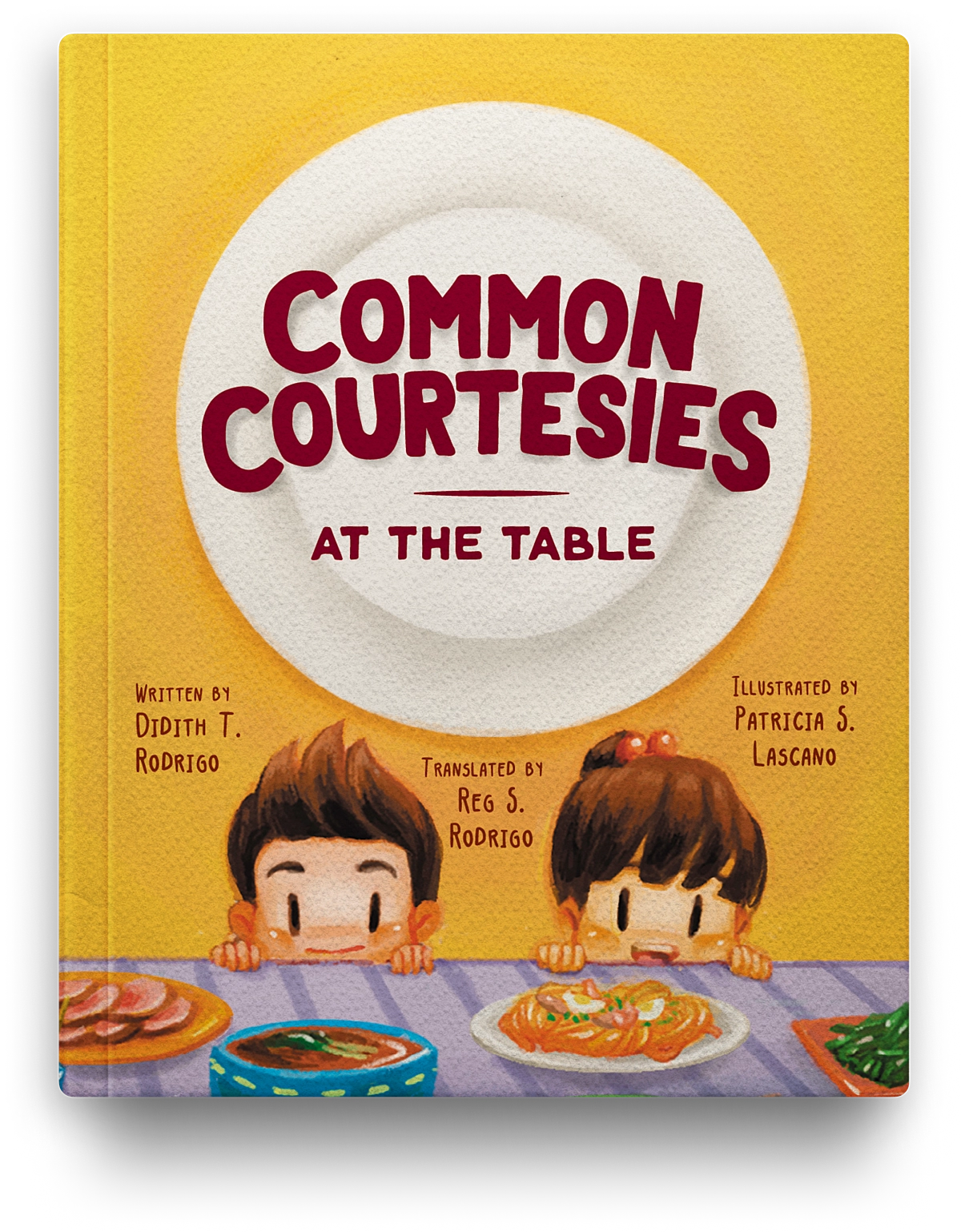 Cover of Common Courtesies: At the Table, two cartoon kids peeking over a dinner table set with Filipino dishes, under a white plate logo