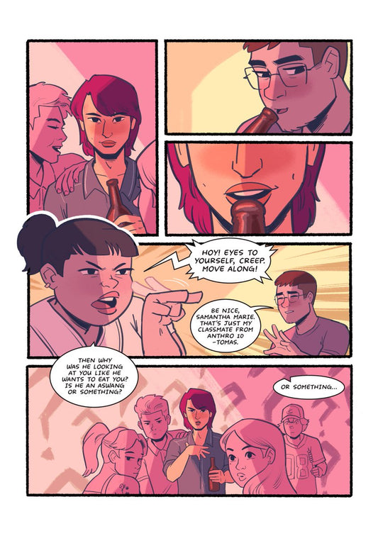 Interior page from Ang Jowa Kong Crosswise showing a jealous girlfriend confronting her boyfriend's classmate at a party in Filipino dialogue.