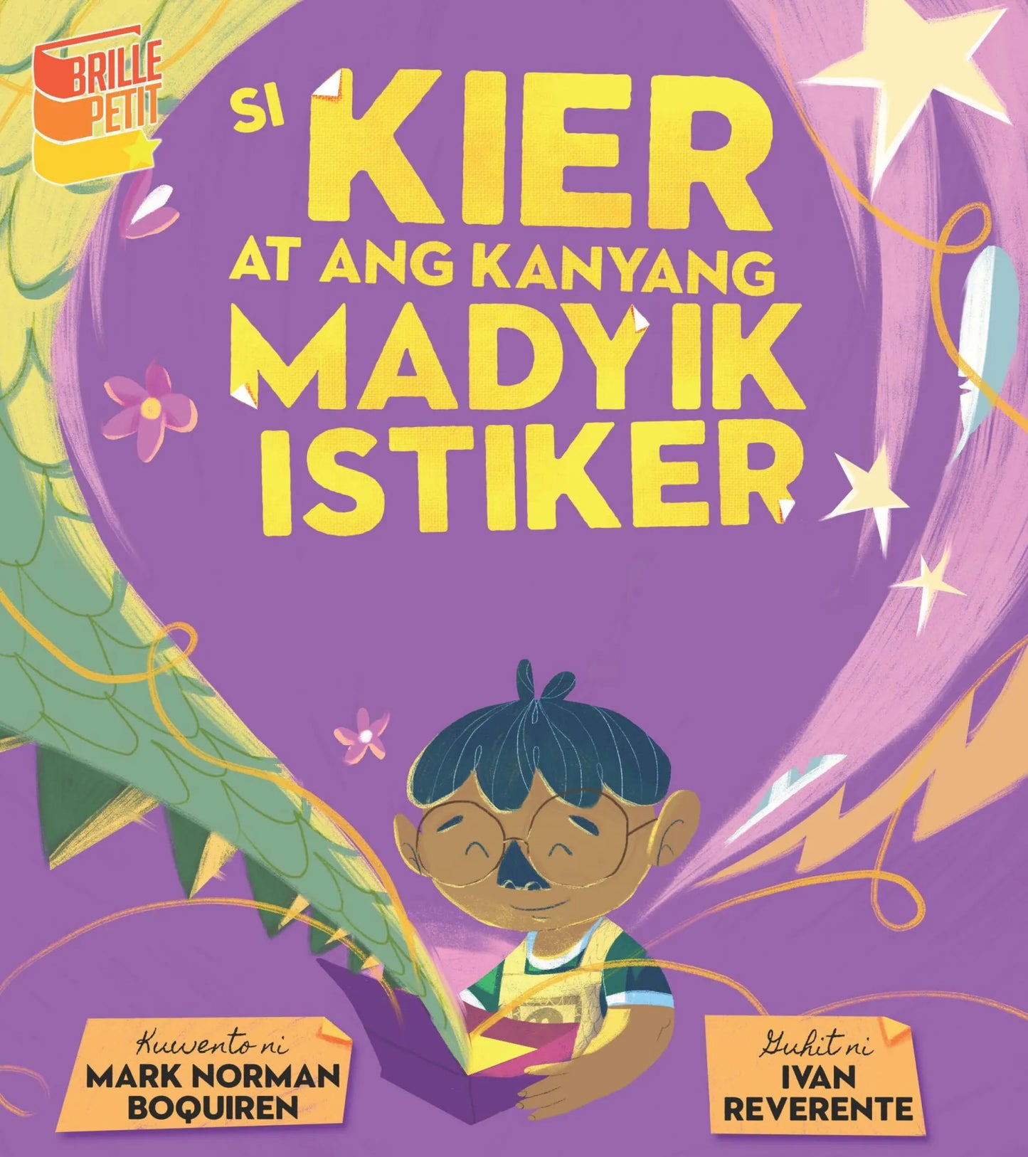 Cover of Si Kier at Ang Kanyang Madyik Istiker, illustration of a boy with glasses opening a glowing box on a purple starry background