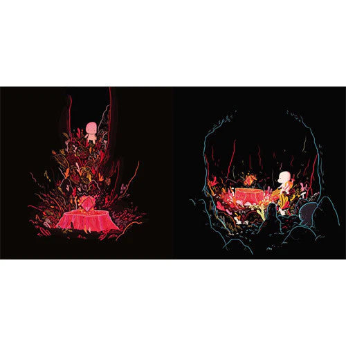 Wordless interior spread from Light by Rob Cham showing a small ghost figure illuminated beside a glowing campfire in two moody red-toned panels