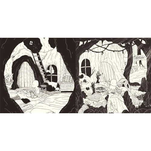 Wordless interior spread from Light by Rob Cham showing a tiny ghost figure inside a cozy cave dwelling beside a panel of gnarled forest roots and shadowy creatures