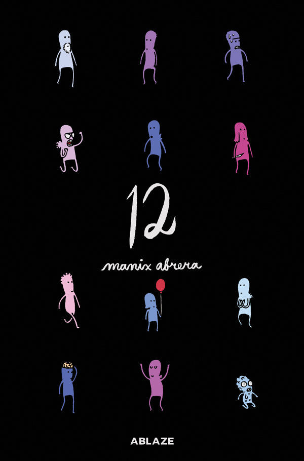 Cover of 12 by Manix Abrera, minimalist grid of twelve wordless silhouetted characters on black