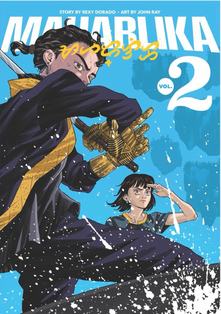 Cover of Maharlika Volume 2, anime-style comic art of a cybernetic-armed hero shielding a young girl amid falling snow