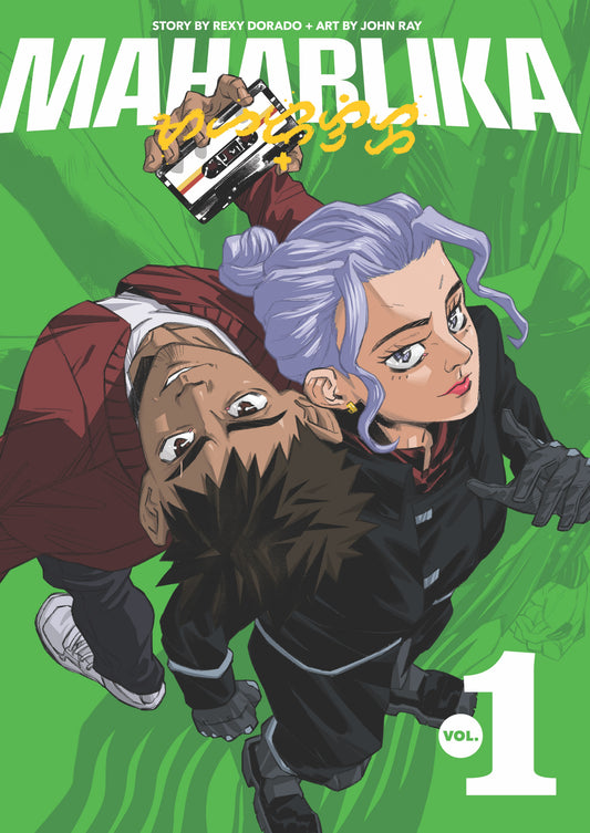 Cover of Maharlika Volume 1, US 2nd edition, showing the two lead characters diving through a green cityscape with a cassette tape.