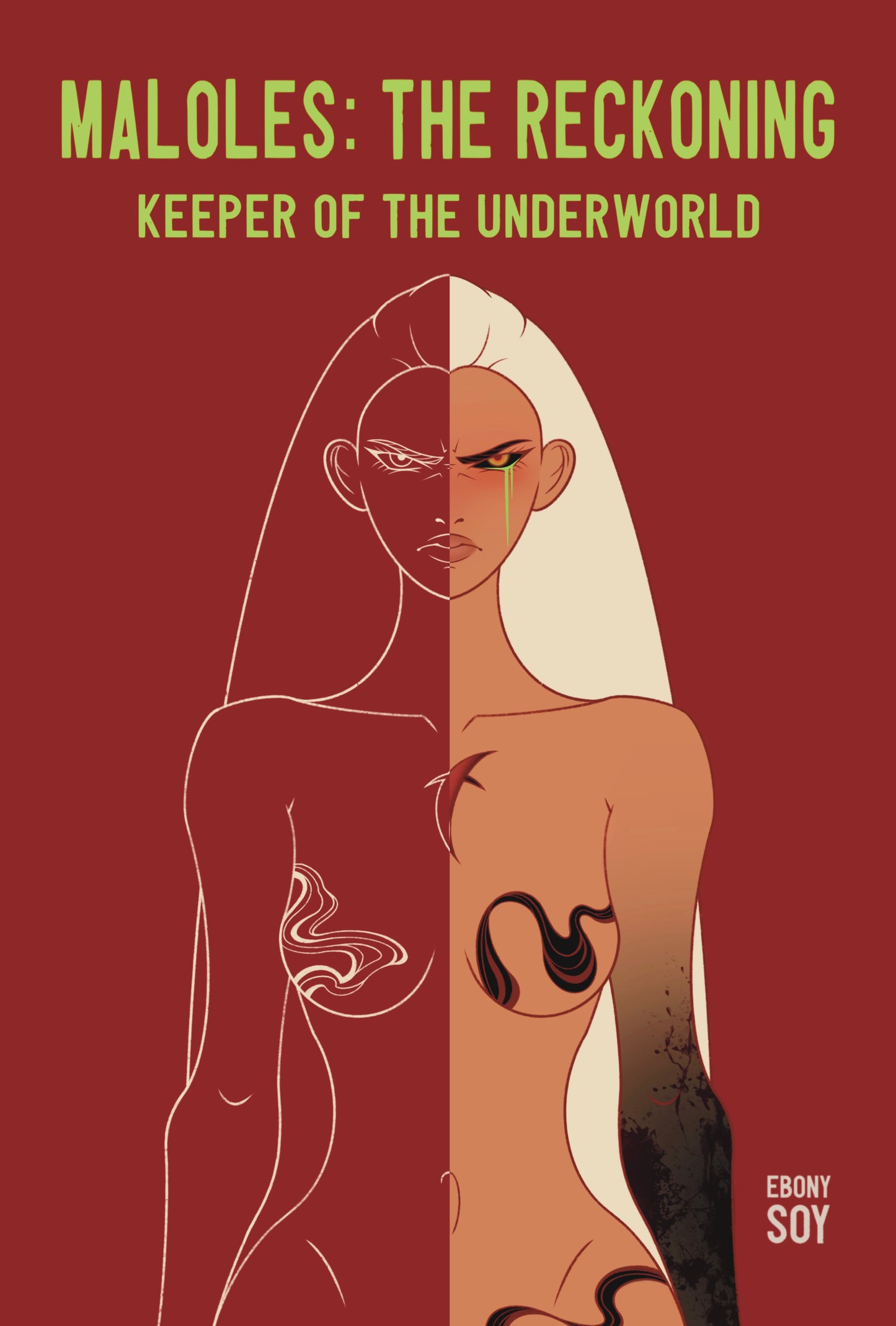 Cover of Maloles: The Reckoning Vol. 1 – Keeper of the Underworld, showing a woman with a half light, half dark face split by red and cream tones
