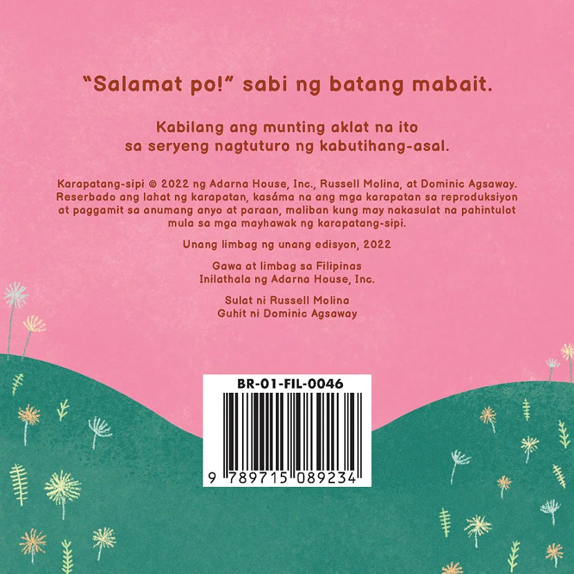 Back cover of Salamat Po! board book with pink and green hills, dandelion illustrations, and Filipino text about teaching children good manners.