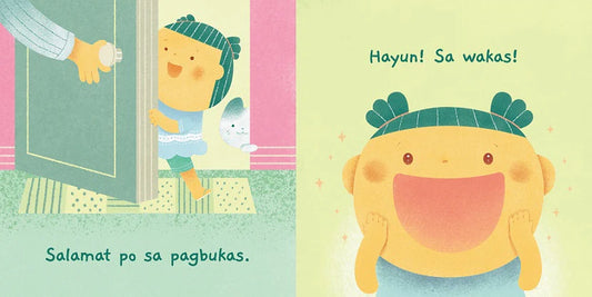 Illustrated spread from Salamat Po! board book showing a child thanking someone for opening the door, with the lyric 'Salamat po sa pagbukas.'