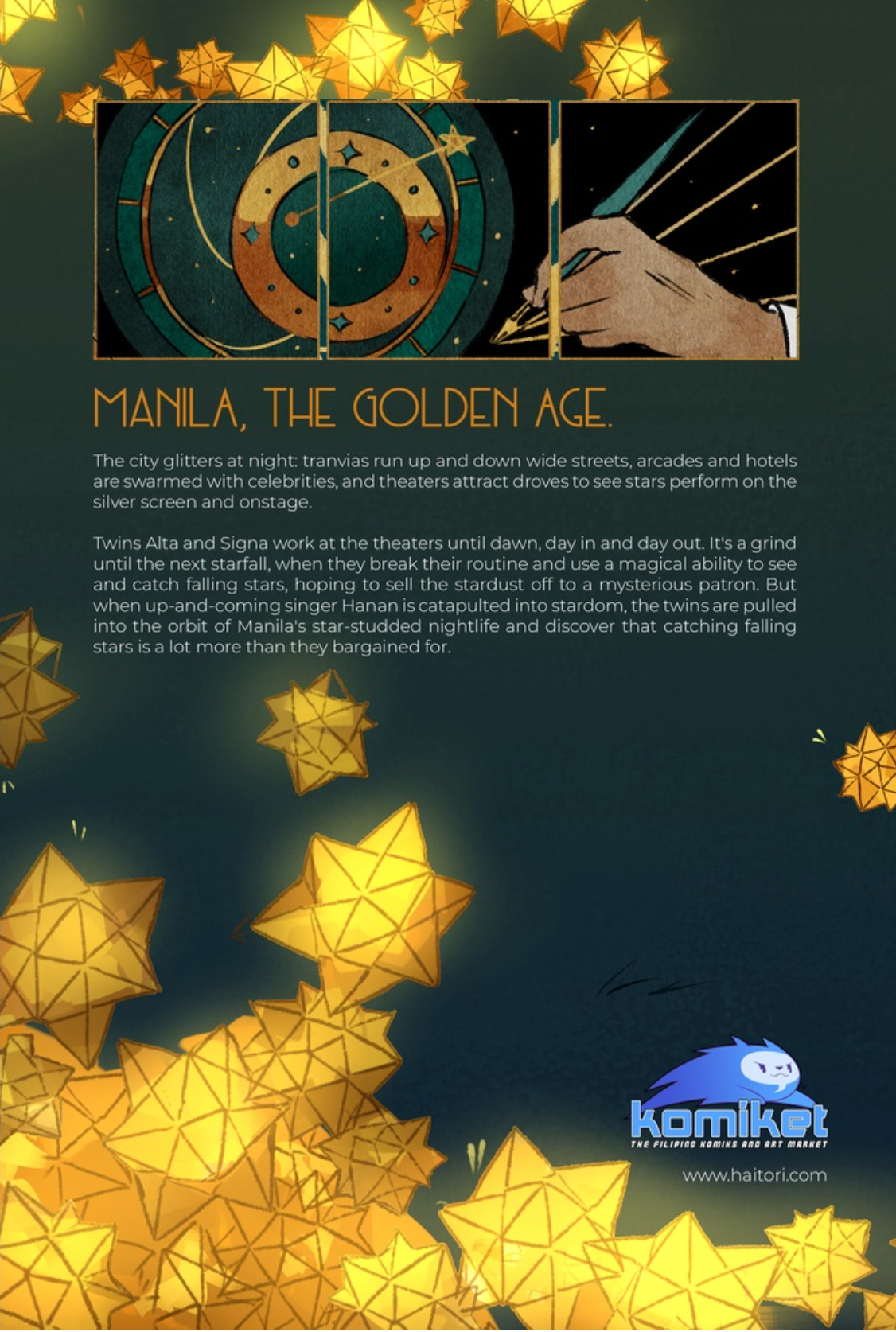 Back cover of Twinkle, Twinkle featuring synopsis text about twin star-catchers Alta and Signa in 1920s Manila's golden age nightlife.