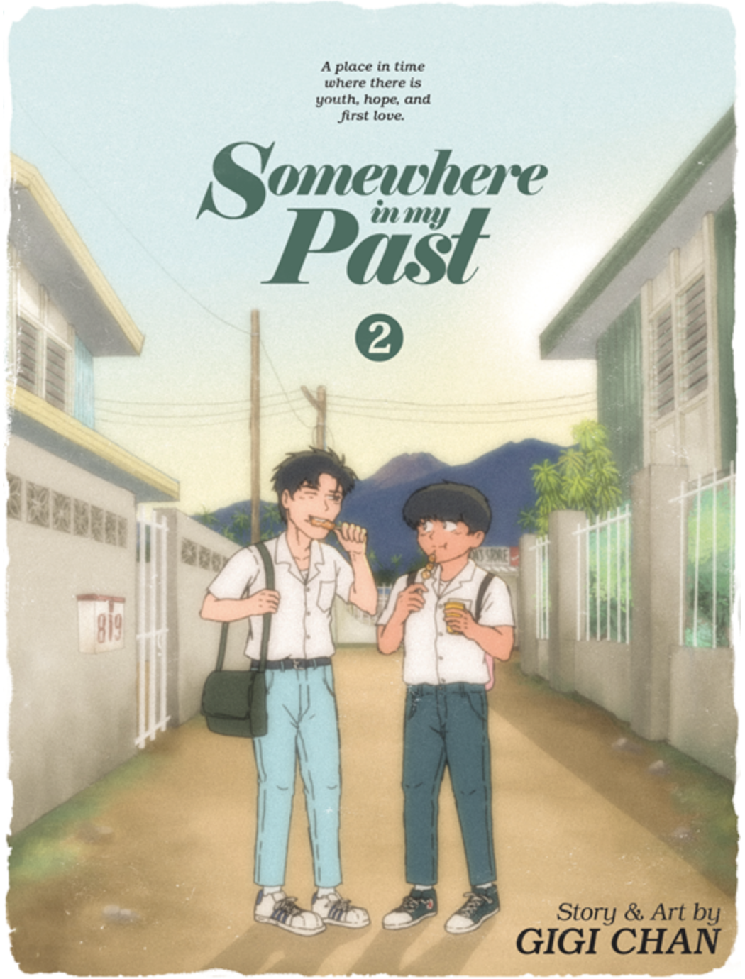 Cover of Somewhere In My Past Vol. 2 showing two schoolboys walking together down a residential street, nostalgic pastel illustration