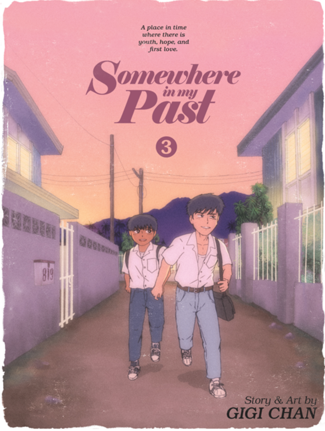 Cover of Somewhere In My Past Vol. 3 showing two schoolboys walking hand in hand at sunset, nostalgic pastel illustration in purple tones