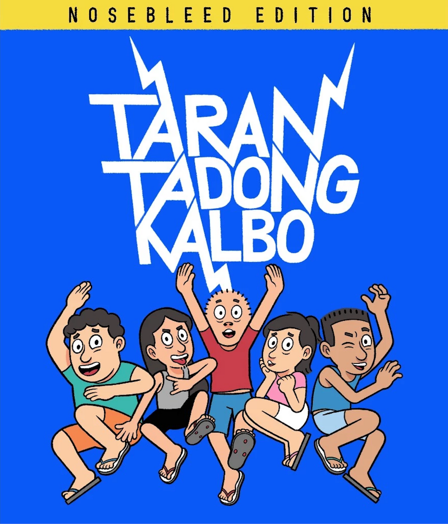 Cover of Tarantadong Kalbo: Nosebleed Edition, cartoon illustration of five excited kids cheering under jagged lightning-bolt lettering on blue