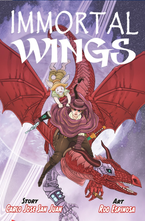 Cover of Immortal Wings by Carlo Jose San Juan and Rod Espinosa, fantasy illustration of a cloaked rider and small winged companion astride a red dragon