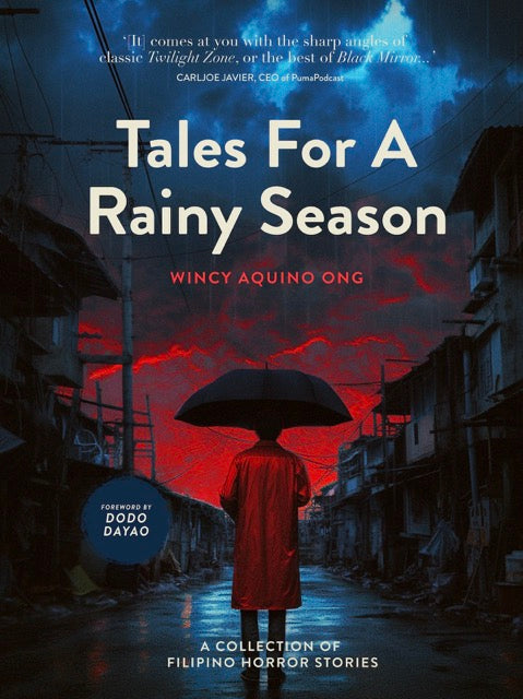 Cover of Tales For A Rainy Season showing a figure in a red coat holding an umbrella on a rain-slicked street under a blood-red sky