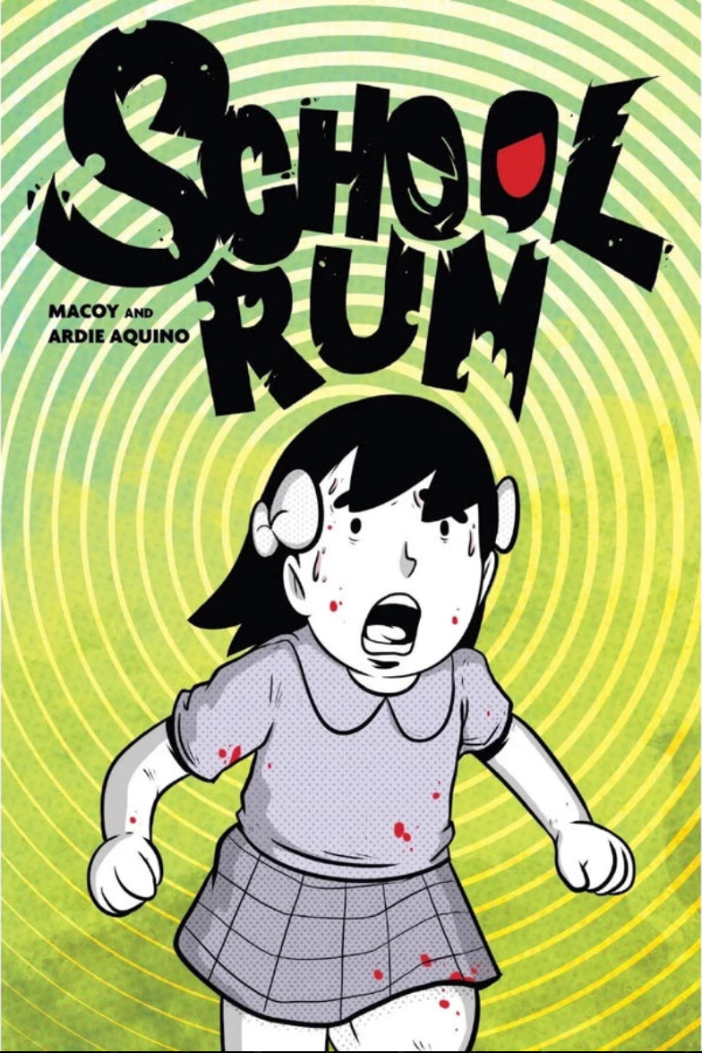 Cover of School Run showing a frightened girl in a bloodstained school uniform running against a green spiral background, horror comic illustration