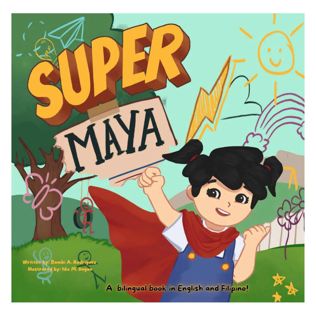 Cover of Super Maya showing a young girl in pigtails wearing a red superhero cape, cheerful cartoon illustration