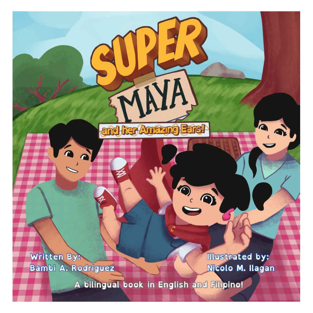 Cover of Super Maya And Her Amazing Ears! showing a girl in a red cape held up by her siblings at a picnic, cartoon illustration