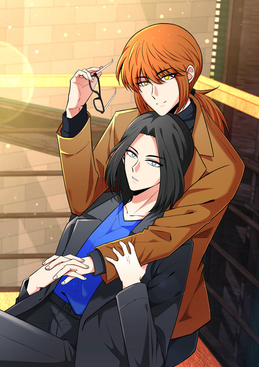 Illustration from Careless x Confidential of Florence removing her glasses as she embraces Eugene from behind on a sunlit balcony.