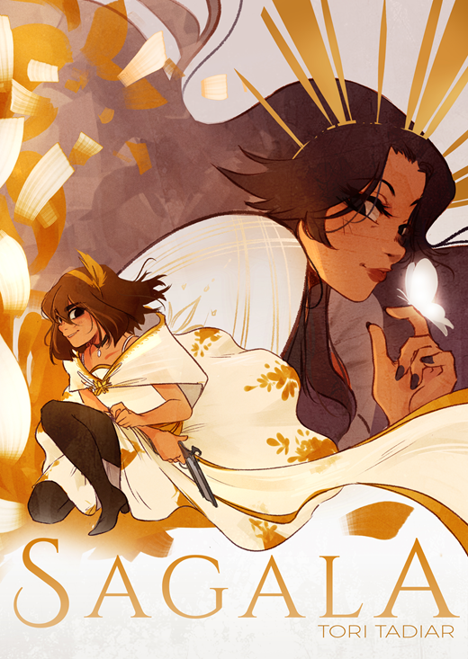 Cover of Sagala by Tori Tadiar, a Filipiniana fantasy adventure illustration of two women in white and gold traditional dress, one holding a lit candle, against a warm golden backdrop