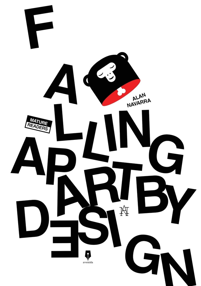 Cover of Falling Apart by Design by Alan Navarra with scattered tumbling black letters and a small monkey-head logo on white