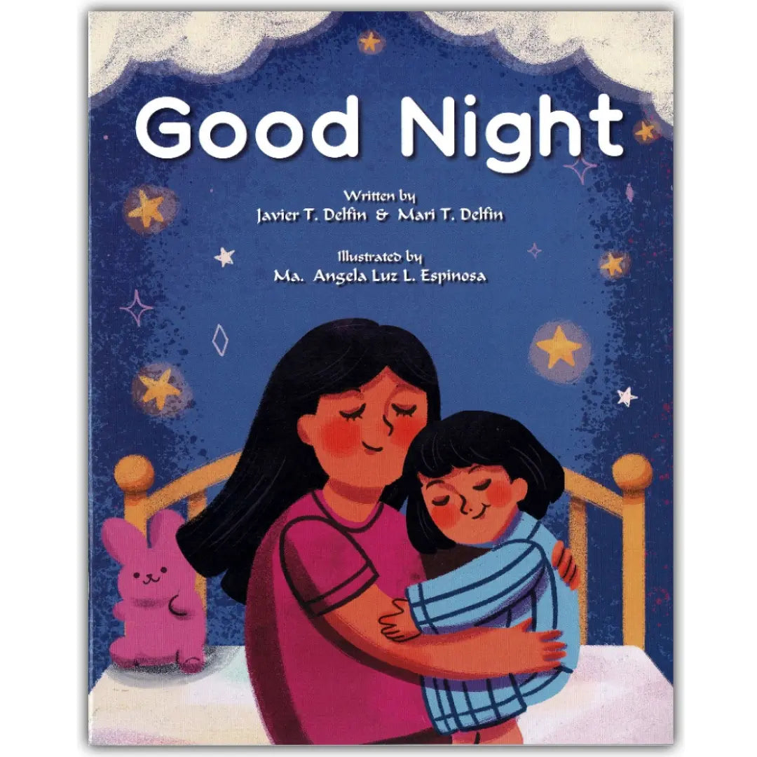 Cover of Good Night by Javier and Mari Delfin, illustration of a mother tucking a sleepy child into bed under a starry sky