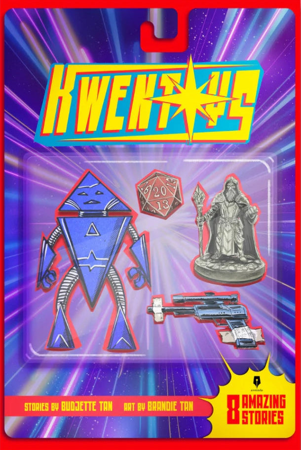 Cover of KWENTOYS by Budjette Tan and Brandie Tan, toy-blister-pack design with a robot, wizard figure, dice, and ray gun