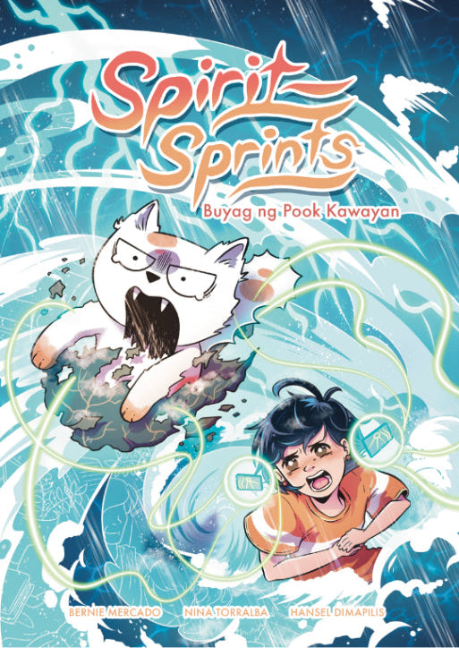 Cover of Spirit Sprints Book 1, full-color illustration of young shaman Rara Balete with a spirit cat guide, a Filipino middle-grade fantasy.