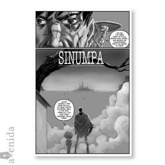 Interior page from Trese Presents: Verdugo titled 'Sinumpa,' showing young Trese gazing toward a distant cathedral bell tower amid smoke.