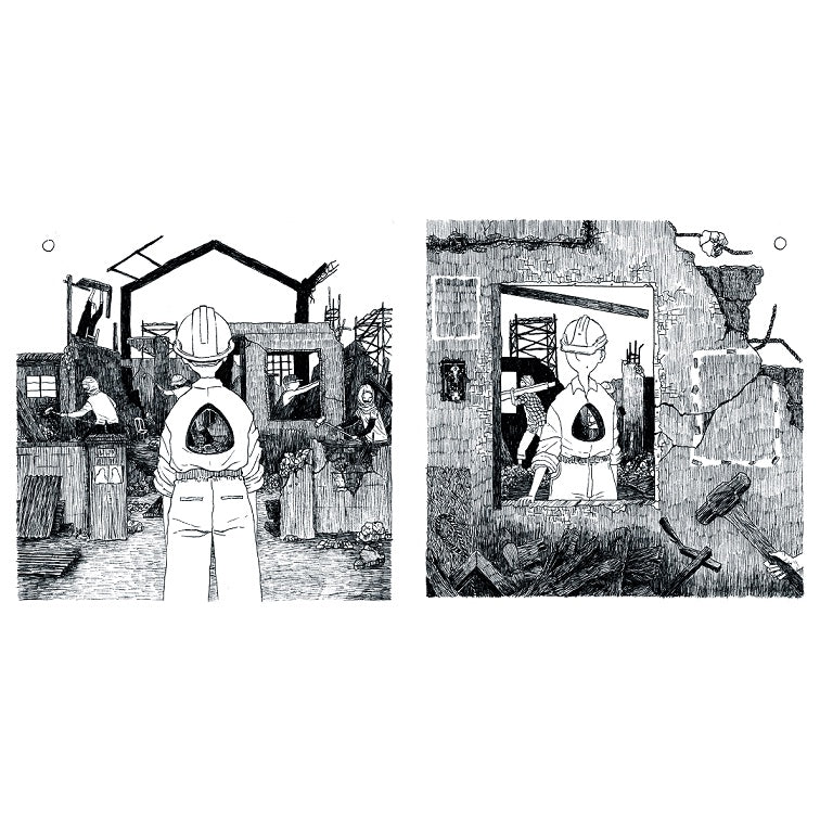 Interior spread from Libing Isa showing a helmeted figure in white overalls standing before a demolished building, pen-and-ink illustration across two panels