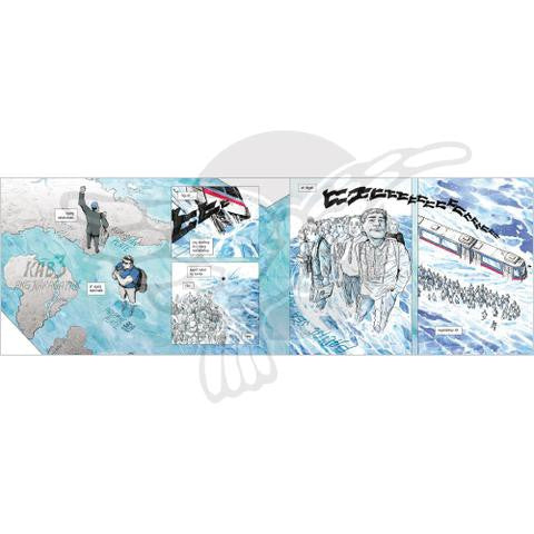 Interior comic strip panels from Dead Balagtas Tomo 1 showing a snowy map of the Philippine islands, a waving explorer figure, and travelers trudging through an icy landscape