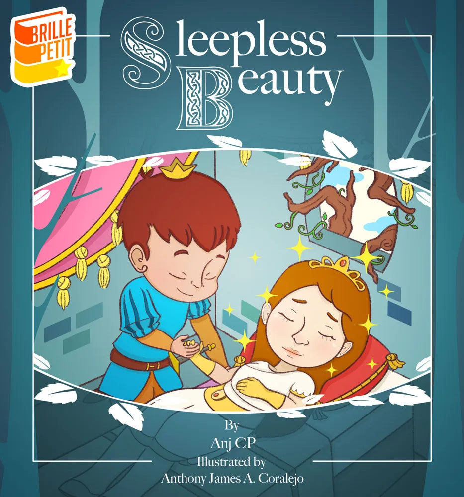 Cover of Sleepless Beauty by Anj CP, illustration of a prince gently tending to a sleeping princess in a teal-toned bedroom