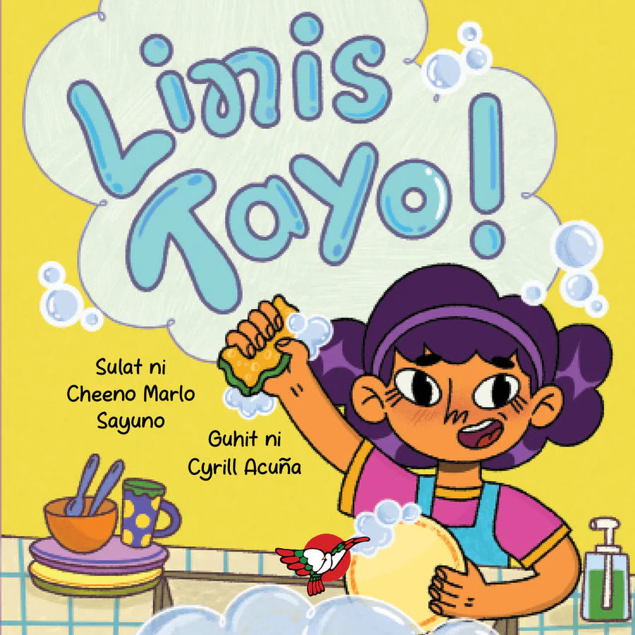 Cover of Linis Tayo! by Cheeno Marlo Sayuno, cartoon girl washing dishes amid soap bubbles in a yellow kitchen